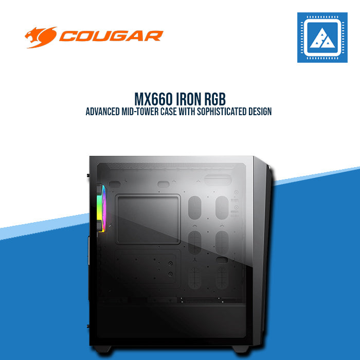 COUGAR MX660 IRON RGB DARK BLACK / MID-TOWER / ARGB VK120*1FAN / TEMPERED GLASS / LOGO SPOTLIGHT COUGAR MX660 IRON RGB DARK BLACK / MID-TOWER / ARGB VK120*1FAN / TEMPERED GLASS / LOGO SPOTLIGHT